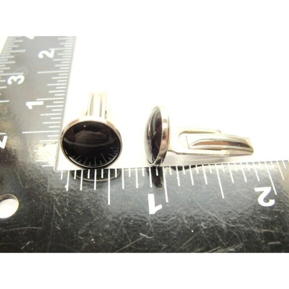 Classic Round Pioneer Black & Silver-Tone Cufflinks Tux Shirt Dress Suit Vintage - Picture 7 of 7